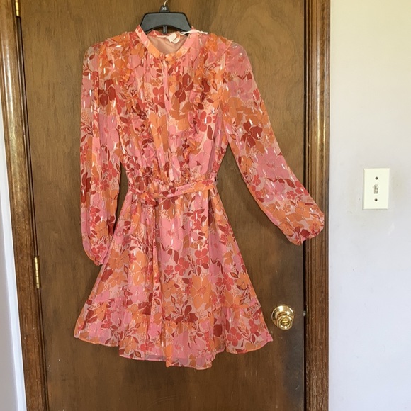 Relist9/28 LC Lauren Conrad floral print dress ruffle & metallic details boho XS - Picture 9 of 17